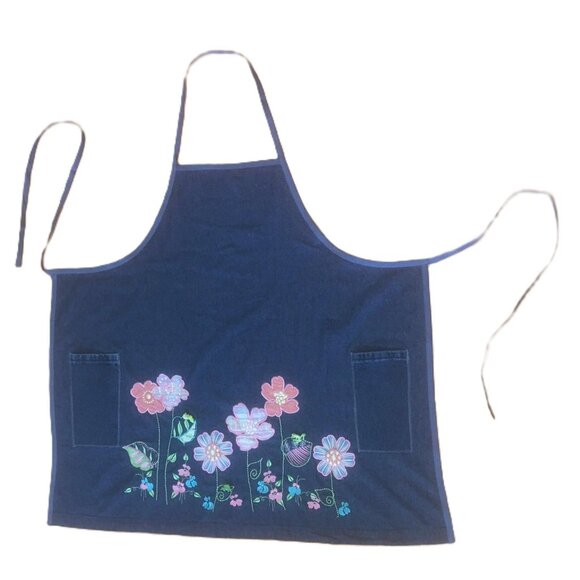Adjustable Bib Apron Denim w/ Pockets Embroidery & Applique Floral Work Kitchen - Picture 2 of 5